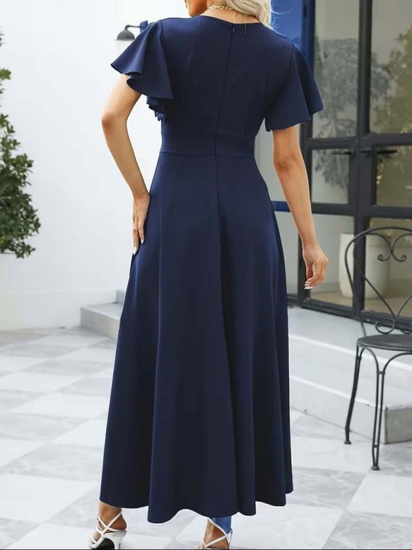 Rochie lungă din crep importat, cu mânecă scurtă, decolteu înfășurat, asimetrică, cu volane în față, 32537
