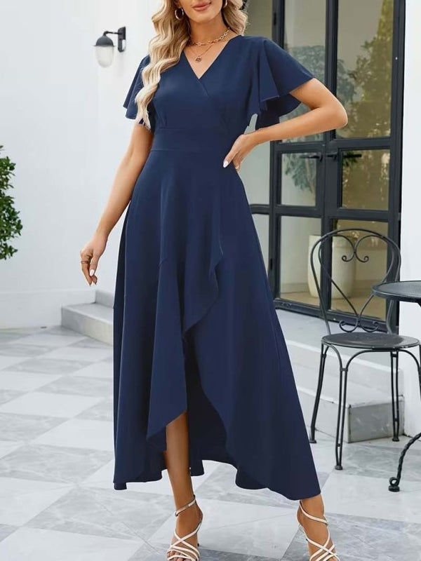 Rochie lungă din crep importat, cu mânecă scurtă, decolteu înfășurat, asimetrică, cu volane în față, 32537