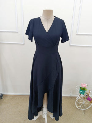 Rochie lungă din crep importat, cu mânecă scurtă, decolteu înfășurat, asimetrică, cu volane în față, 32537