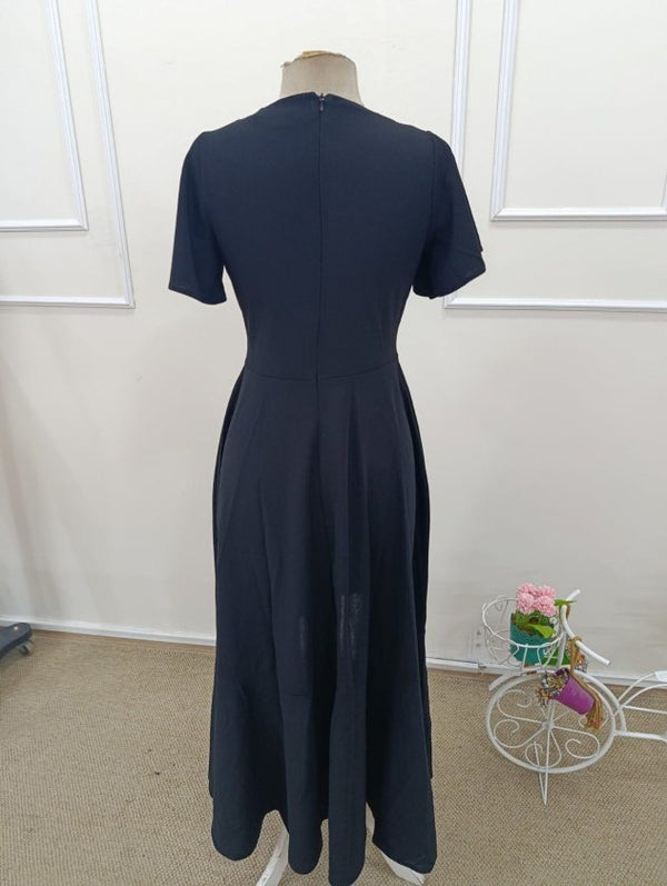 Rochie lungă din crep importat, cu mânecă scurtă, decolteu înfășurat, asimetrică, cu volane în față, 32537