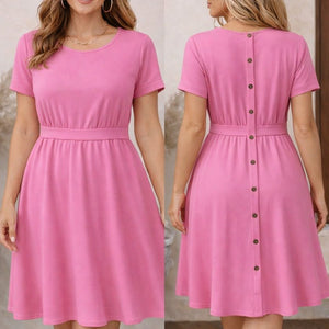 Rochie midi din viscoză pentru femei, cu mânecă scurtă, decolteu rotund și nasturi la spate, 32573