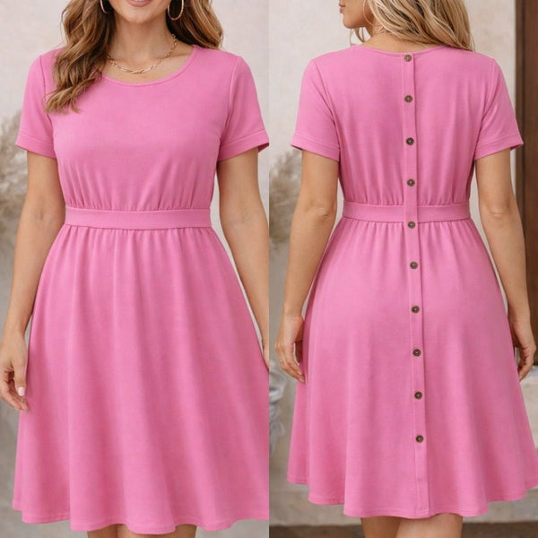 Rochie midi din viscoză pentru femei, cu mânecă scurtă, decolteu rotund și nasturi la spate, 32573