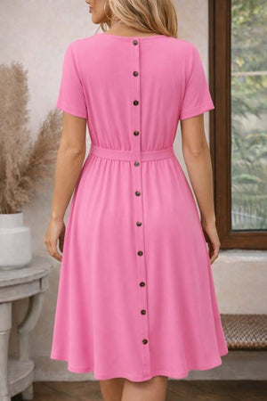 Rochie midi din viscoză pentru femei, cu mânecă scurtă, decolteu rotund și nasturi la spate, 32573