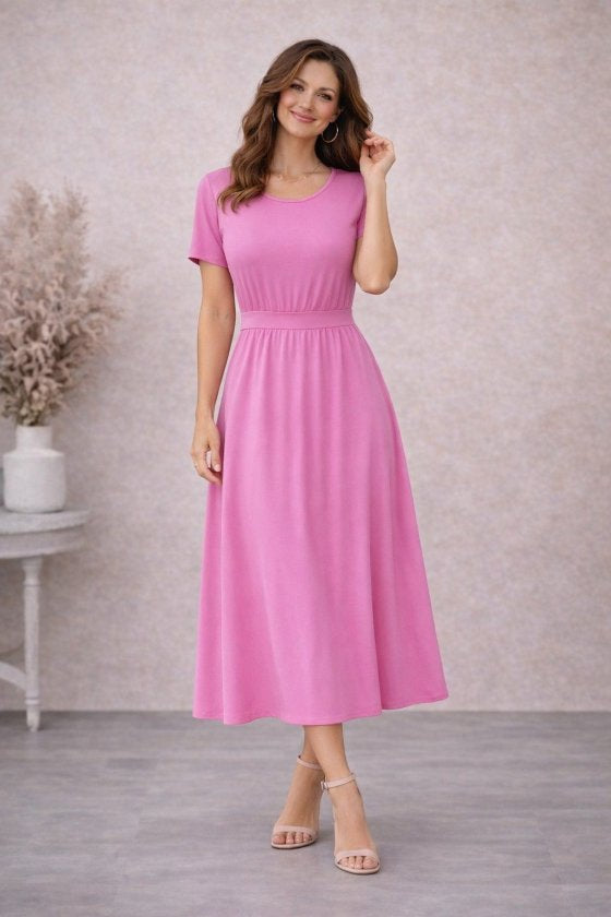 Rochie midi din viscoză pentru femei, cu mânecă scurtă, decolteu rotund și nasturi la spate, 32573