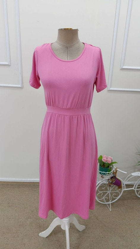 Rochie midi din viscoză pentru femei, cu mânecă scurtă, decolteu rotund și nasturi la spate, 32573