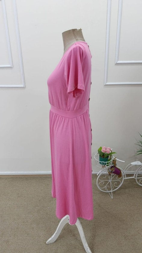 Rochie midi din viscoză pentru femei, cu mânecă scurtă, decolteu rotund și nasturi la spate, 32573