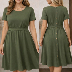 Rochie midi din viscoză pentru femei, cu mânecă scurtă, decolteu rotund și nasturi la spate, 32574