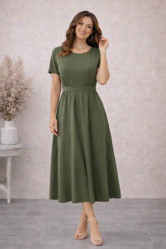 Rochie midi din viscoză pentru femei, cu mânecă scurtă, decolteu rotund și nasturi la spate, 32574