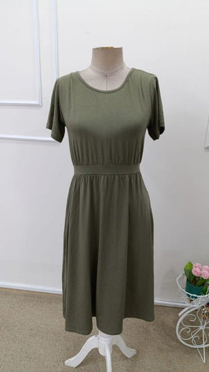 Rochie midi din viscoză pentru femei, cu mânecă scurtă, decolteu rotund și nasturi la spate, 32574
