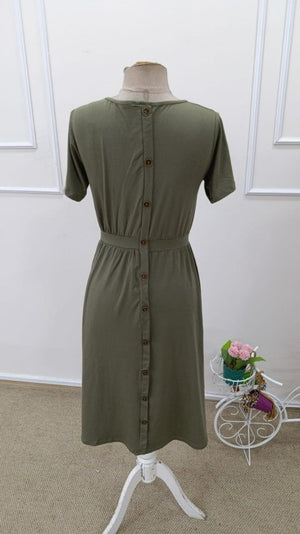 Rochie midi din viscoză pentru femei, cu mânecă scurtă, decolteu rotund și nasturi la spate, 32574