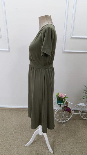 Rochie midi din viscoză pentru femei, cu mânecă scurtă, decolteu rotund și nasturi la spate, 32574