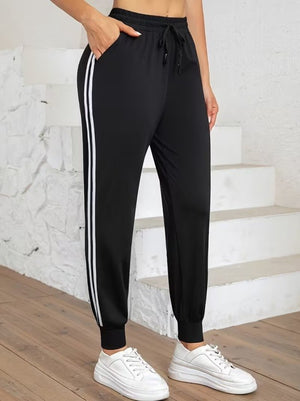Pantaloni de trening cu talie înaltă din viscoză, cu două fire, cu dungi laterale, pentru femei, 32580