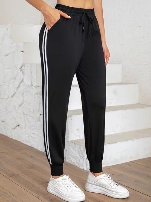 Pantaloni de trening cu talie înaltă din viscoză, cu două fire, cu dungi laterale, pentru femei, 32580