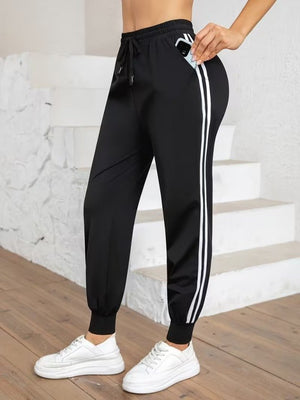 Pantaloni de trening cu talie înaltă din viscoză, cu două fire, cu dungi laterale, pentru femei, 32580