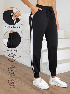 Pantaloni de trening cu talie înaltă din viscoză, cu două fire, cu dungi laterale, pentru femei, 32580
