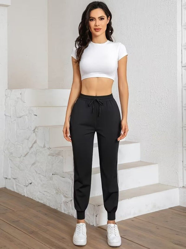 Pantaloni de trening cu talie înaltă din viscoză, cu două fire, cu dungi laterale, pentru femei, 32580