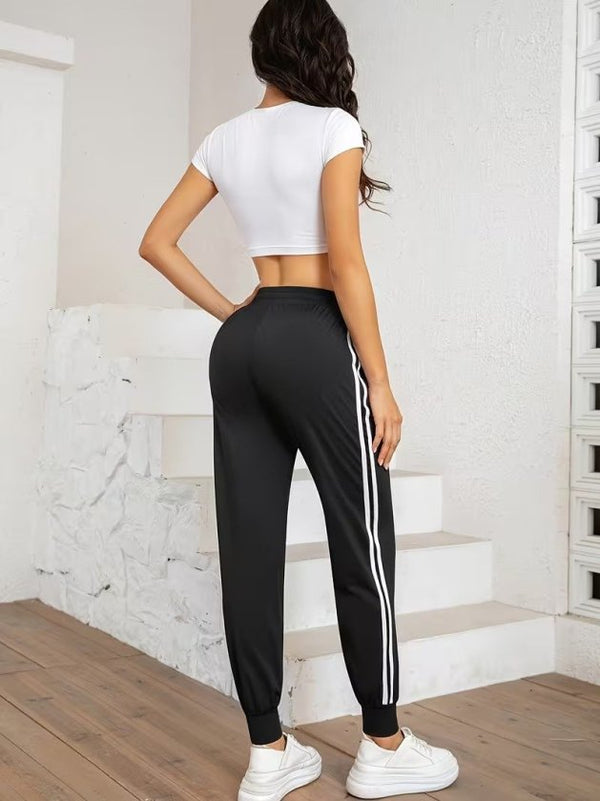 Pantaloni de trening cu talie înaltă din viscoză, cu două fire, cu dungi laterale, pentru femei, 32580