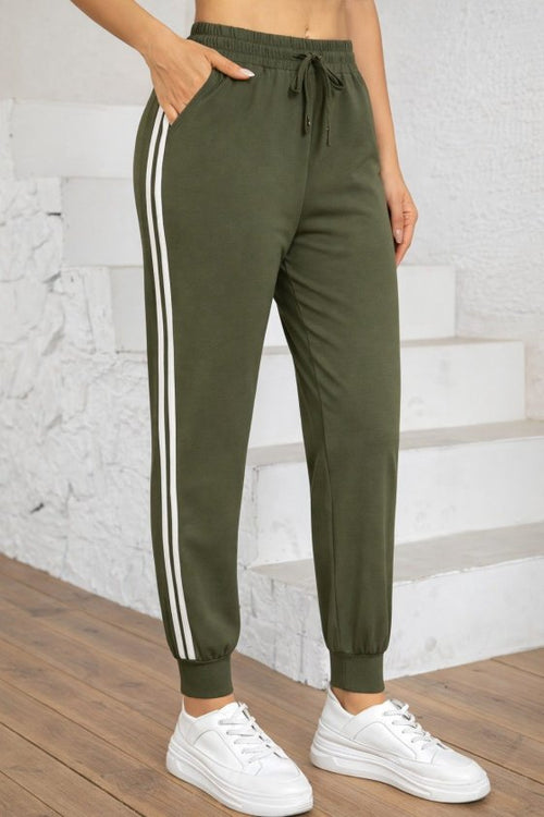 Pantaloni de trening cu talie înaltă din viscoză, cu două fire, pentru femei, cu dungi laterale, 32583