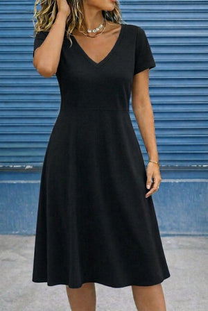 Rochie midi evazată din viscoză, cu mânecă scurtă și decolteu în V pentru femei, 32606