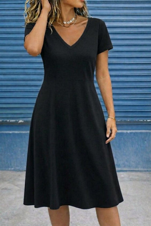 Rochie midi evazată din viscoză, cu mânecă scurtă și decolteu în V pentru femei, 32606
