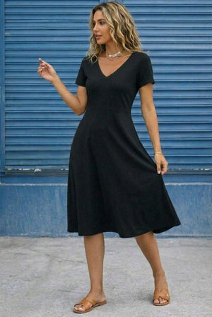 Rochie midi evazată din viscoză, cu mânecă scurtă și decolteu în V pentru femei, 32606