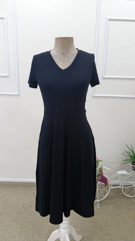 Rochie midi evazată din viscoză, cu mânecă scurtă și decolteu în V pentru femei, 32606