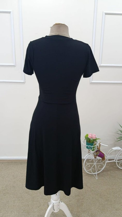 Rochie midi evazată din viscoză, cu mânecă scurtă și decolteu în V pentru femei, 32606
