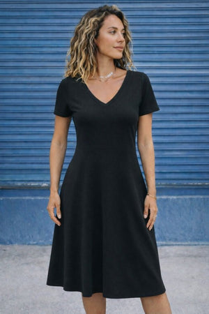 Rochie midi evazată din viscoză, cu mânecă scurtă și decolteu în V pentru femei, 32606