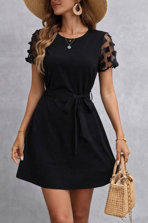 Rochie scurtă din crep importat, cu mânecă scurtă și guler rotund, cu curea, pentru femei, 32613