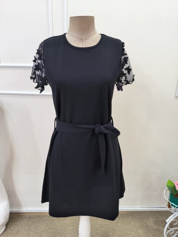 Rochie scurtă din crep importat, cu mânecă scurtă și guler rotund, cu curea, pentru femei, 32613