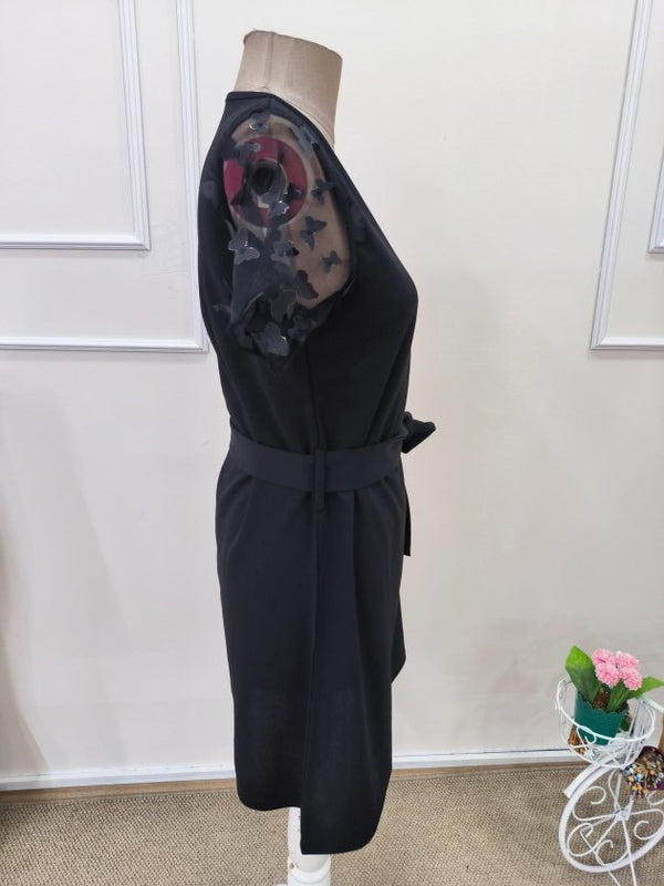 Rochie scurtă din crep importat, cu mânecă scurtă și guler rotund, cu curea, pentru femei, 32613