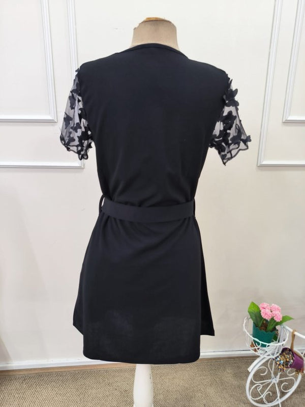 Rochie scurtă din crep importat, cu mânecă scurtă și guler rotund, cu curea, pentru femei, 32613