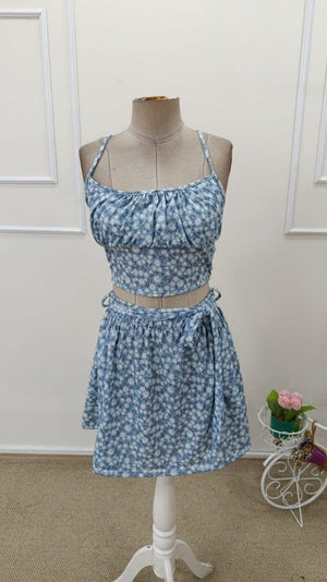 Set de două piese pentru femei, bluză scurtă cu bretele și model Supreme, fustă evazată, 32665