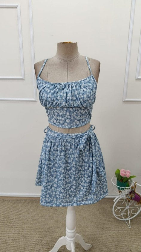 Set de două piese pentru femei, bluză scurtă cu bretele și model Supreme, fustă evazată, 32665