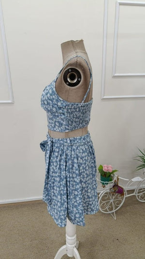 Set de două piese pentru femei, bluză scurtă cu bretele și model Supreme, fustă evazată, 32665