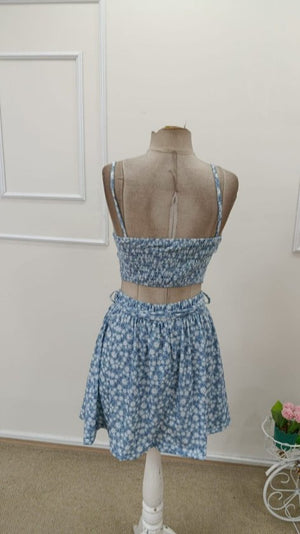 Set de două piese pentru femei, bluză scurtă cu bretele și model Supreme, fustă evazată, 32665