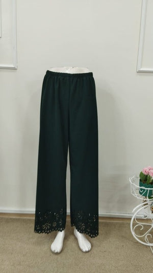 Pantaloni de damă din crep importat, cu talie înaltă și elastic, model floral, decupat cu laser, 32706