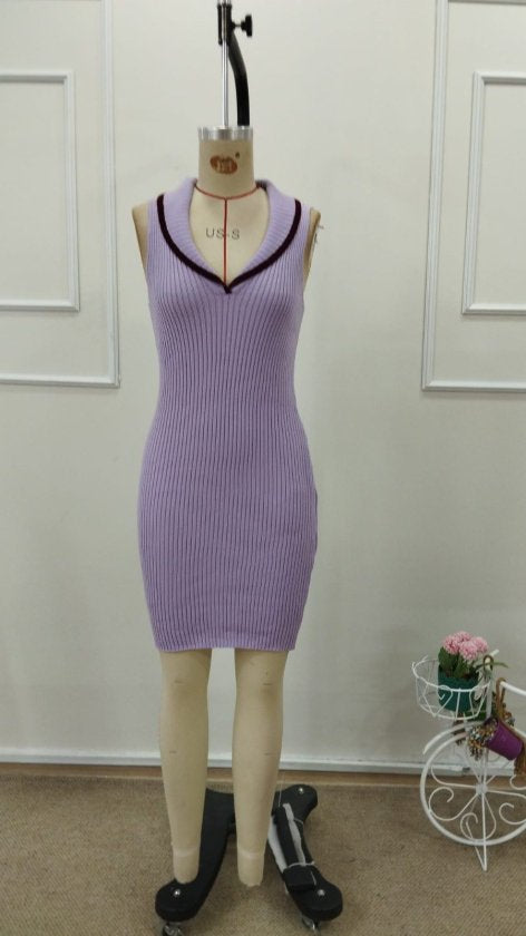 Rochie scurtă tricotată pentru femei, cu umeri goi, cu decolteu în V și nervuri, 32729