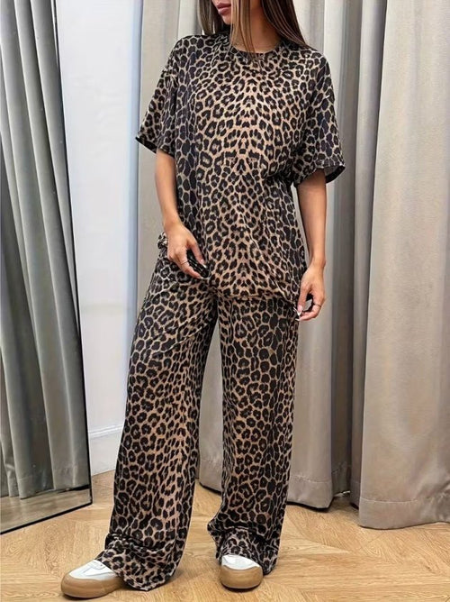 Set de două piese pentru femei, cu mânecă scurtă, guler rotund, imprimeu leopard, bluză și pantaloni, 32798