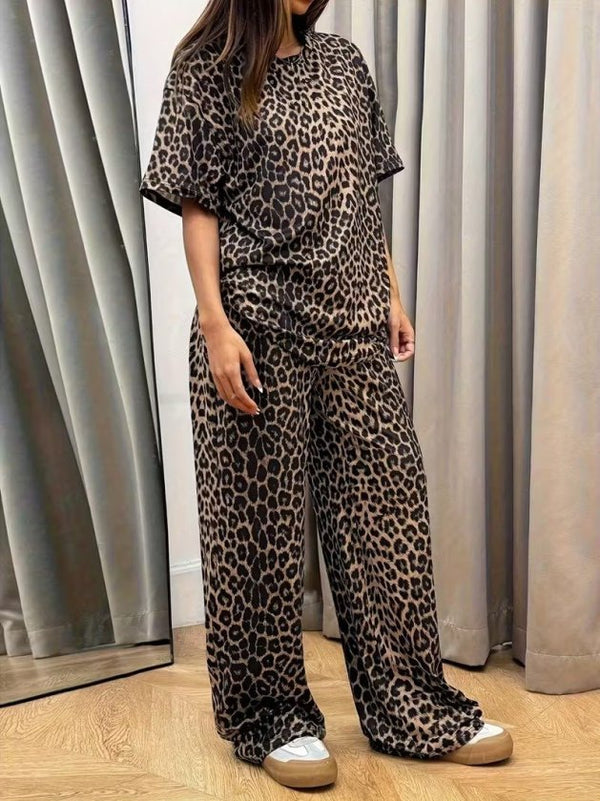 Set de două piese pentru femei, cu mânecă scurtă, guler rotund, imprimeu leopard, bluză și pantaloni, 32798