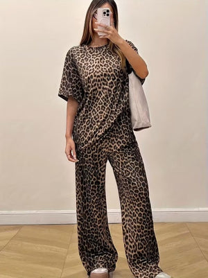 Set de două piese pentru femei, cu mânecă scurtă, guler rotund, imprimeu leopard, bluză și pantaloni, 32798