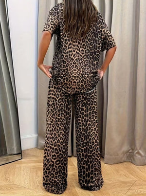 Set de două piese pentru femei, cu mânecă scurtă, guler rotund, imprimeu leopard, bluză și pantaloni, 32798
