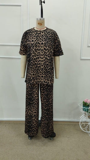 Set de două piese pentru femei, cu mânecă scurtă, guler rotund, imprimeu leopard, bluză și pantaloni, 32798