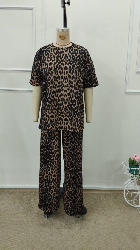 Set de două piese pentru femei, cu mânecă scurtă, guler rotund, imprimeu leopard, bluză și pantaloni, 32798