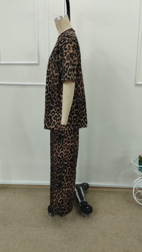 Set de două piese pentru femei, cu mânecă scurtă, guler rotund, imprimeu leopard, bluză și pantaloni, 32798