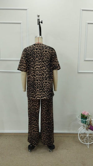 Set de două piese pentru femei, cu mânecă scurtă, guler rotund, imprimeu leopard, bluză și pantaloni, 32798