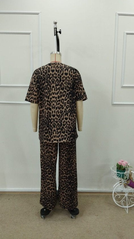 Set de două piese pentru femei, cu mânecă scurtă, guler rotund, imprimeu leopard, bluză și pantaloni, 32798