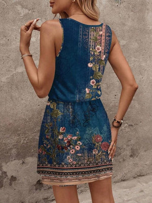Rochie scurtă Supreme pentru femei, cu guler rotund, bretele, model floral și curea, 34332