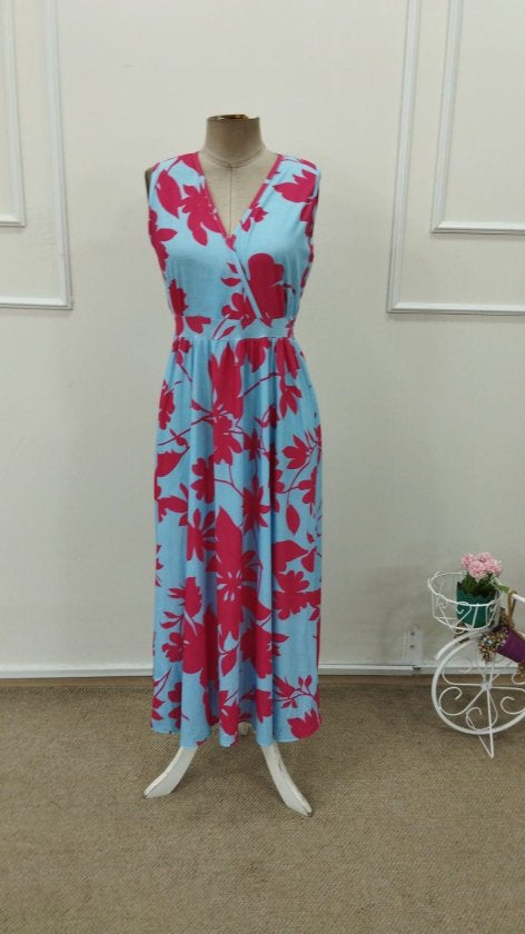 Rochie lungă Supreme pentru femei, cu model floral și guler înfășurat, cu bretele, 32860