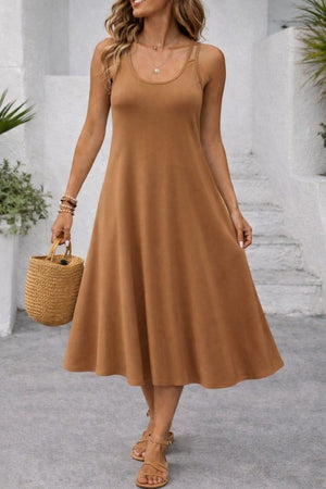 Rochie lungă din viscoză, evazată, cu guler rotund și bretele, pentru femei, 32880